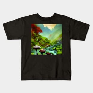 Mushrooms And River, Cute Mushroom Aesthetic Kids T-Shirt